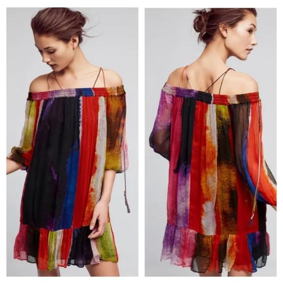 Anthropoligie Floreat Colorful Watercolor Off The Shoulder Flowy Dress Small - Picture 1 of 9